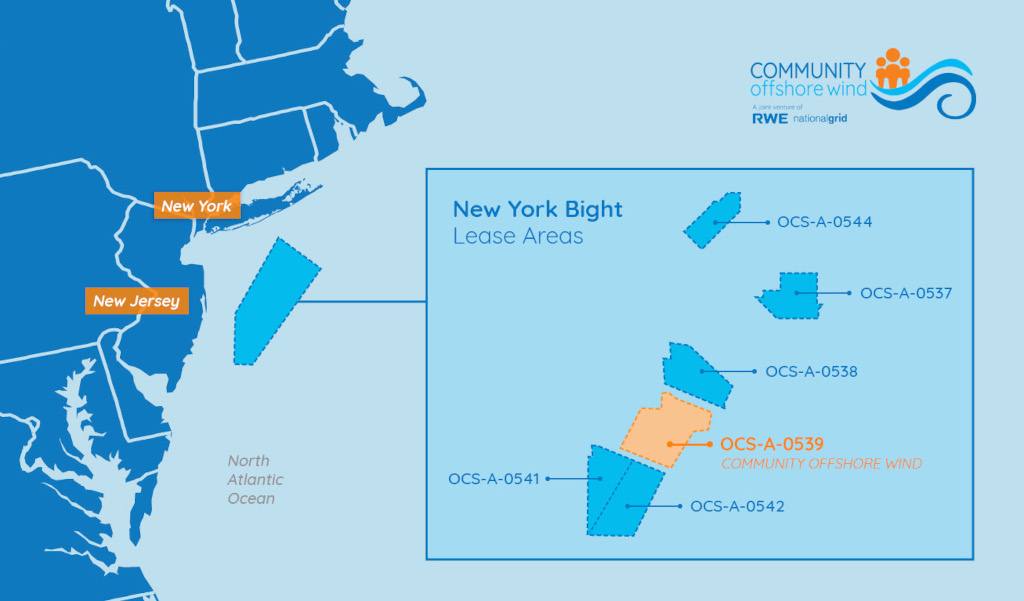 A map showing New York Bight lease areas, highlighting OCS-A-0539 for COMMUNITY OFFSHORE WIND.