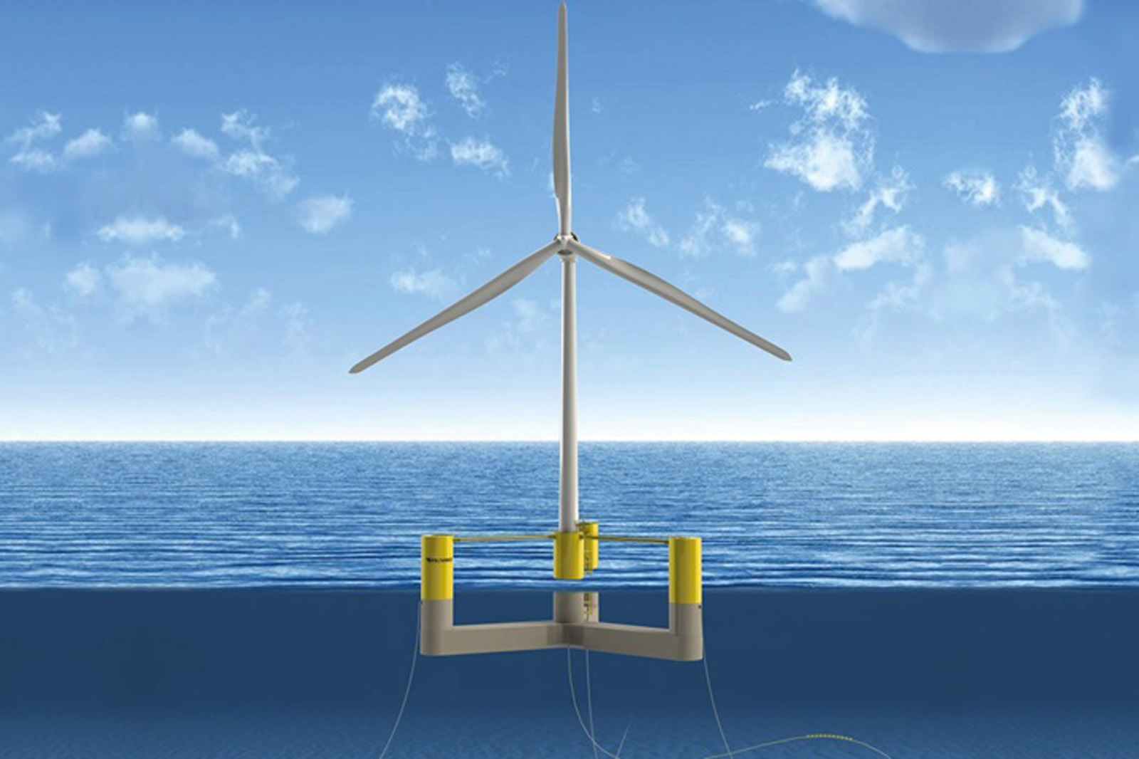A floating wind turbine structure is prominently positioned above the ocean, showcasing its three blades and yellow base.
