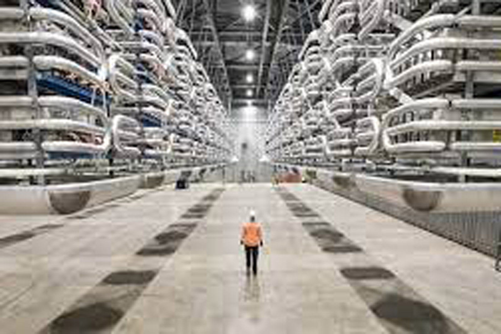 A large industrial facility with numerous pipes overhead and a person in an orange vest walking on a concrete floor.