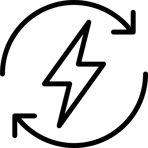 An icon featuring a lightning bolt, symbolising power and energy, surrounded by two circular arrows.