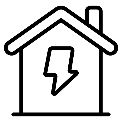 A simplistic black outline of a house with a lightning bolt symbol in the centre, indicating power or energy.