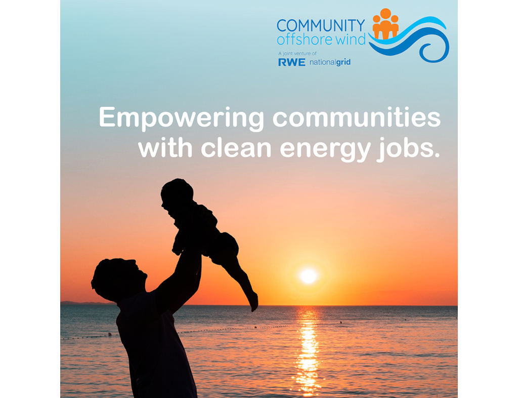 A silhouette of a parent holding a child against a sunset, promoting clean energy jobs.