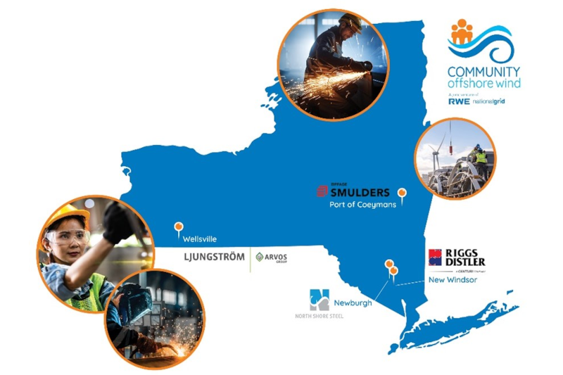 A blue map of New York State highlighting ports and companies involved in offshore wind, with circular images of workers and equipment.