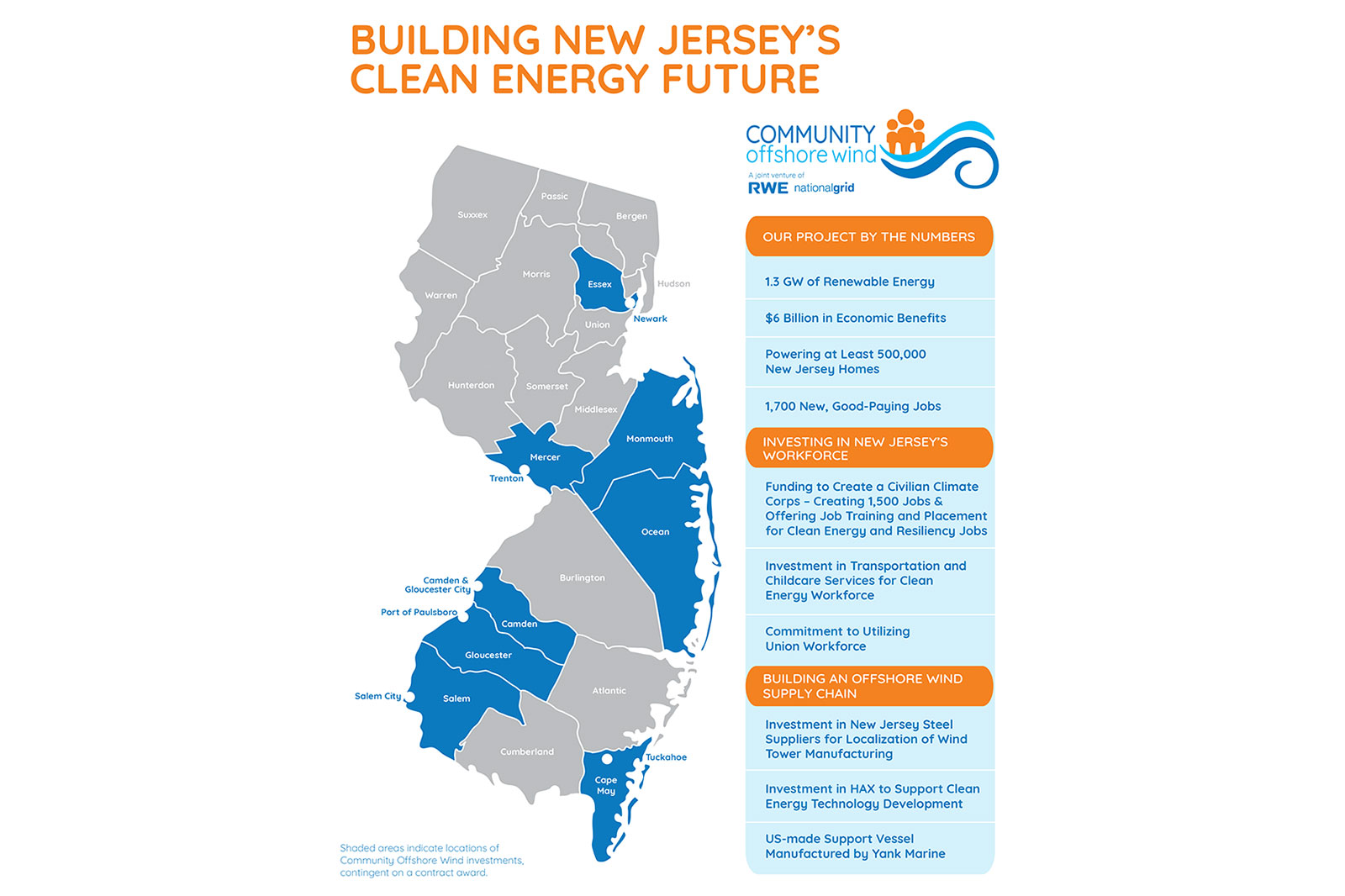 A map of New Jersey highlighting areas for renewable energy projects. Text includes economic benefits and job creation details.